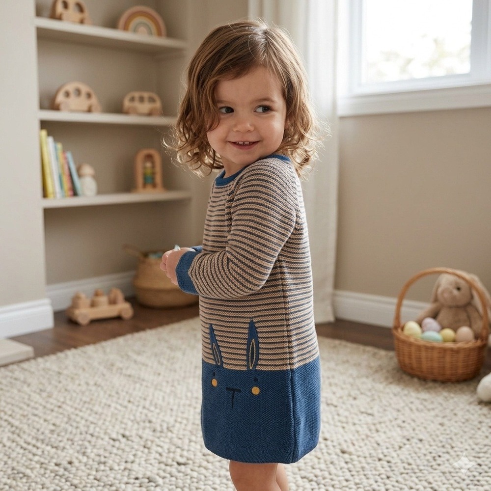 Next Kids Blue Tan Striped Bunny Knit Cotton Dress 2-3 Years 98cm 313-169-380